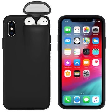 Phone Case With Airpods Holder - black case with AirPods compartment and smartphone display.